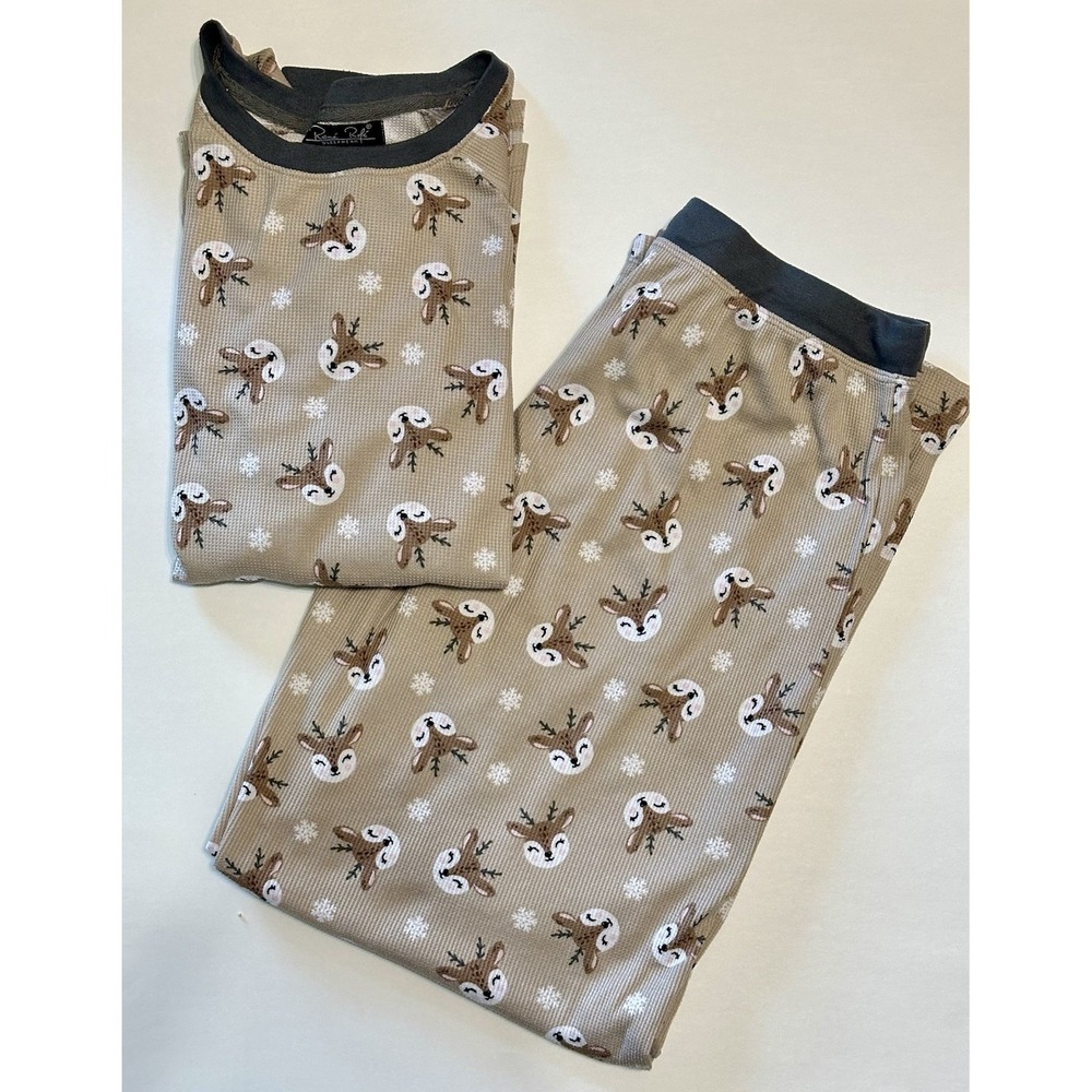 René Rofé Thermal Pajama Set Womens Large Deer Snowflake Waffle Knit Lounge PJs
